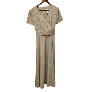 D.J. Summers VTG Polka Dot Faux Wrap Midi Dress Tan White Size 14‎ Made in USA